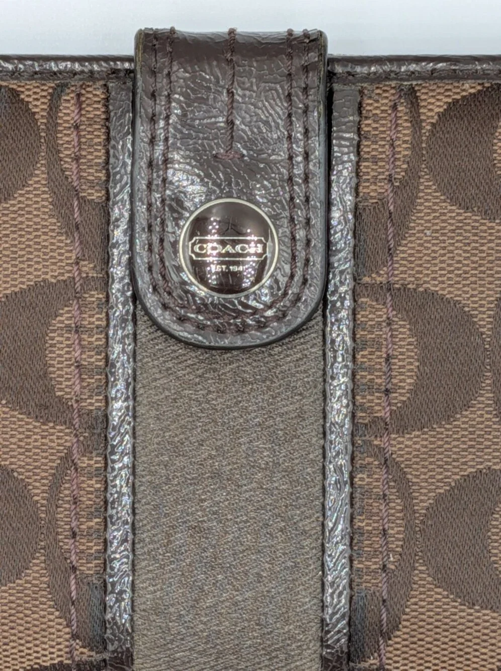 Coach Signature C Jacquard Canvas Patent Leather Zip Around Folding Wallet Dark